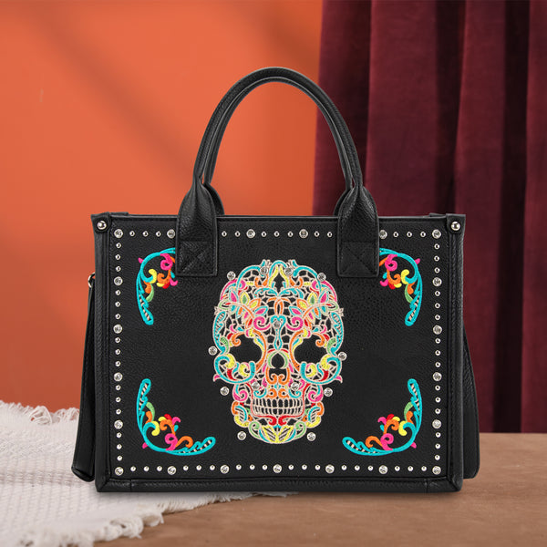 MW494G H8120S Montana West Embroidered Sugar Skull Tote Crossbody Bl MONTANA WEST U.S.A