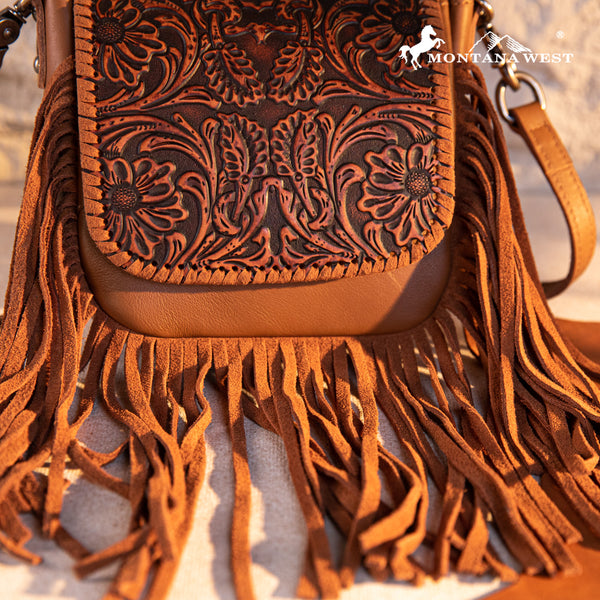 Cross Body Fringe Brown Tooled Leather deals Bag Purse Western Native American rodeo c