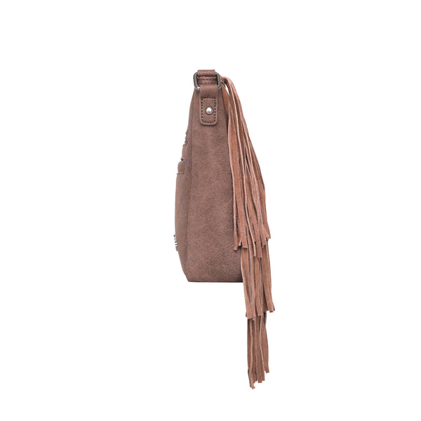 Wrangler Leather Fringe Jean Denim Pocket Crossbody Brown