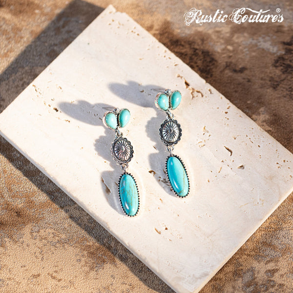 Turquoise Posts, Oval Conchos, Spindly Fringe Earrings