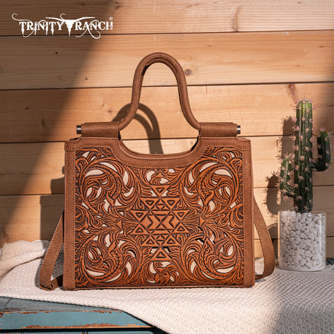 TR190G-8250  Trinity Ranch Floral Aztec Tooled Concealed Carry Tote/Crossbody