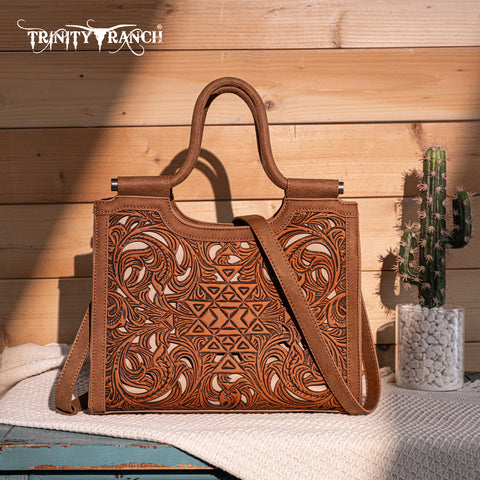 TR190G-8250  Trinity Ranch Floral Aztec Tooled Concealed Carry Tote/Crossbody