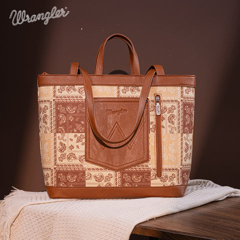 WG138-2002 Wrangler Paisley Pattern Dual Sided Print Tote- Brown