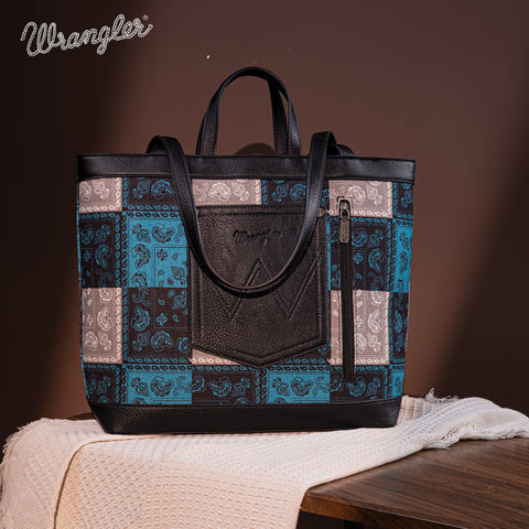 WG138-2002 Wrangler Paisley Pattern Dual Sided Print Tote- Turquoise