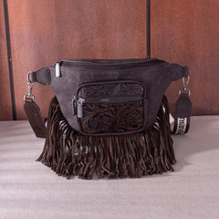 MW1276-194 Montana West Floral Tooled Fringe  Fanny Pack - Coffee