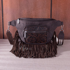 MW1276-194 Montana West Floral Tooled Fringe  Fanny Pack - Coffee