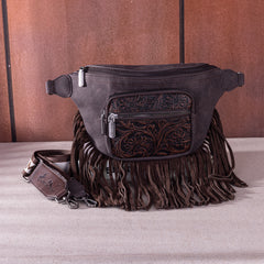 MW1276-194 Montana West Floral Tooled Fringe  Fanny Pack - Coffee