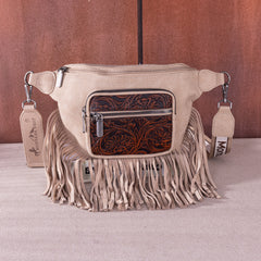 MW1276-194 Montana West Floral Tooled Fringe  Fanny Pack - Tan