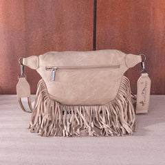 MW1276-194 Montana West Floral Tooled Fringe  Fanny Pack - Tan