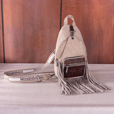 MW1276-S9110   Montana West Tooled Fringe Sling Bag - Tan