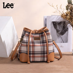 LEE54-001  LEE Plaid Canvas Drawstring Bucket Bag/Crossbody