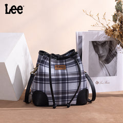 LEE54-001  LEE Plaid Canvas Drawstring Bucket Bag/Crossbody