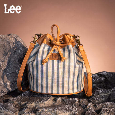 LEE61-002  LEE Striped Canvas Drawstring Hobo Bucket Bag/Crossbody