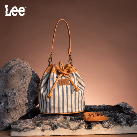 LEE61-002  LEE Striped Canvas Drawstring Hobo Bucket Bag/Crossbody