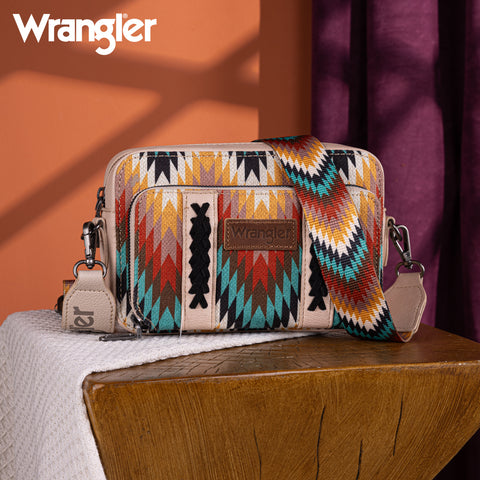 WG2211-3003  Wrangler Southwestern Pattern Dual Sided Print Crossbody Purse With Wallet Compartment - Tan