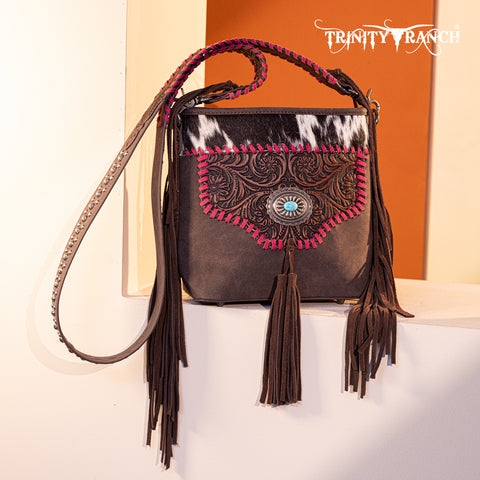 TR177G-9360  Trinity Ranch Hair-On Cowhide Floral Tooled  Concealed Carry Crossbody Bag - Coffee