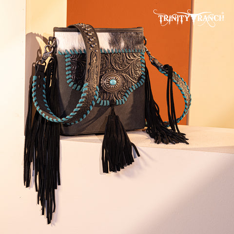 TR177G-9360  Trinity Ranch Hair-On Cowhide Floral Tooled  Concealed Carry Crossbody Bag - Black