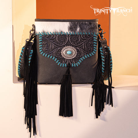 TR177G-9360  Trinity Ranch Hair-On Cowhide Floral Tooled  Concealed Carry Crossbody Bag - Black