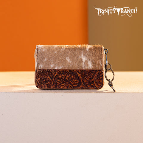 TR178-W001  Trinity Ranch Genuine Cowhide Hair-On Floral Tooled Collection Mini Wallet -Brown