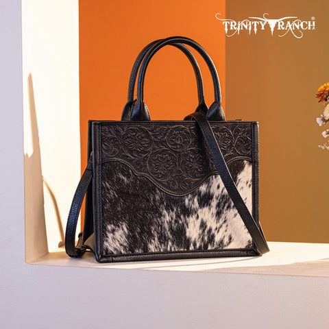 TR178G-8899   Trinity Ranch Hair On Cowhide Floral Tooled Concealed Carry Tote/Crossbody - Black