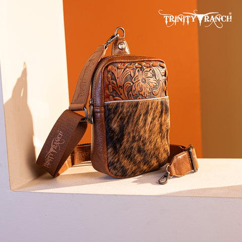 TR179-185 Trinity Ranch Genuine Hair-On Cowhide Tooled Sling Bag