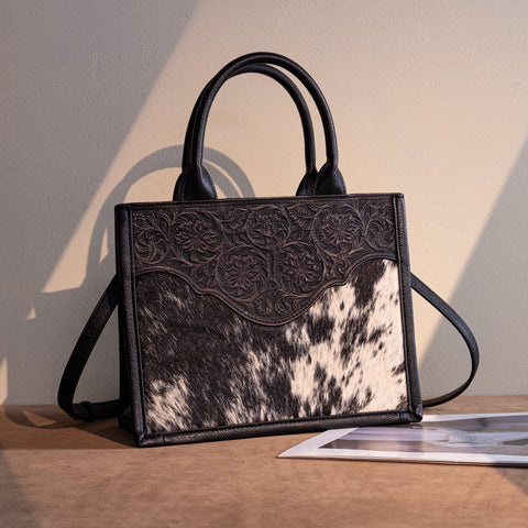 TR178G-8899   Trinity Ranch Hair On Cowhide Floral Tooled Concealed Carry Tote/Crossbody - Black