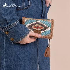 MW1316-W020  Montana West Tooled Aztec Denim Bi-Fold Wallet