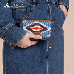 MW1316-W020  Montana West Tooled Aztec Denim Bi-Fold Wallet