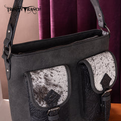 TR185G-918  Trinity Ranch Genuine Hair-On Cowhide Tooled Concealed Carry Hobo Bag- Black