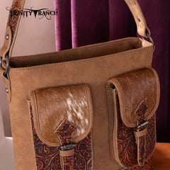 TR185G-918  Trinity Ranch Genuine Hair-On Cowhide Tooled Concealed Carry Hobo Bag- Brown