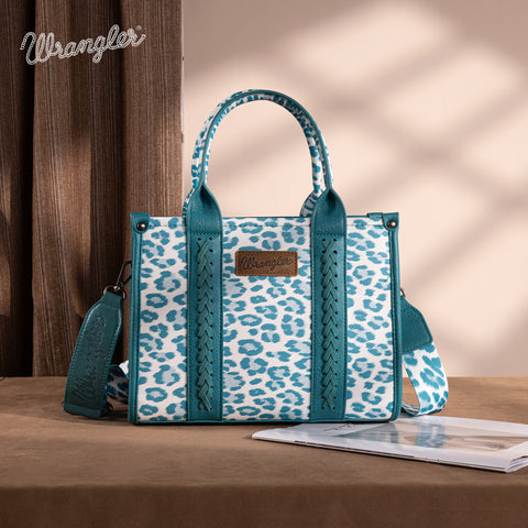 PRE-ORDER  WG133-81203S  Wrangler Leopard Print Concealed Carry Tote/Crossbody - Turquoise (ONLINE ONLY)