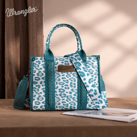 PRE-ORDER  WG133-81203S  Wrangler Leopard Print Concealed Carry Tote/Crossbody - Turquoise (ONLINE ONLY)