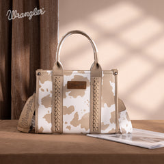 PRE-ORDER  WG133-81203S  Wrangler Cow Print Concealed Carry Tote/Crossbody - Tan (ONLINE ONLY)