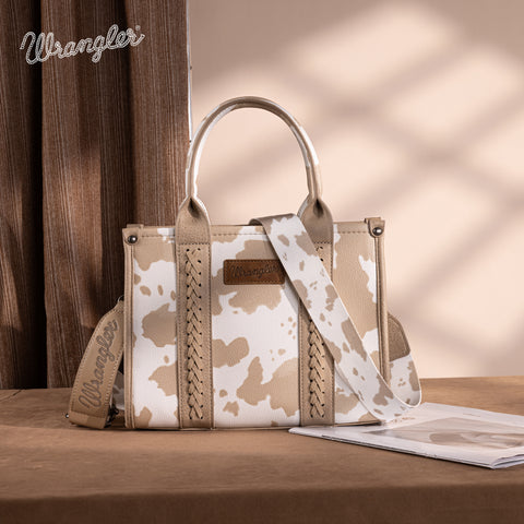 PRE-ORDER  WG133-81203S  Wrangler Cow Print Concealed Carry Tote/Crossbody - Tan (ONLINE ONLY)