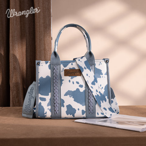 PRE-ORDER  WG133-81203S  Wrangler Cow Print Concealed Carry Tote/Crossbody - Blue (ONLINE ONLY)