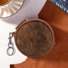 WG116-002  Wrangler Genuine Hair On Cowhide Circular Coin Pouch Bag Charm - Brown