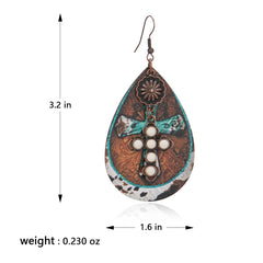 RCE-1119  Rustic Couture's   Stone Cross Tear Drop Embossed Wood Painted Pattern  Earring