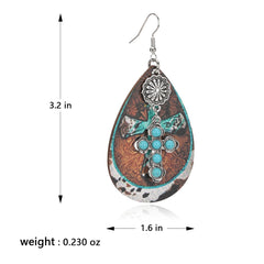 RCE-1119  Rustic Couture's   Stone Cross Tear Drop Embossed Wood Painted Pattern  Earring