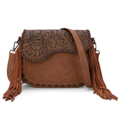 MW1274-8360 Montana West Tooled Saddle Fringe Crossbody - Brown