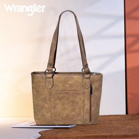 WRS-1017LBR  Wrangler Multi Pockets Concealed Carry Tote -Light Brown