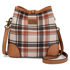 LEE54-001  LEE Plaid Canvas Drawstring Bucket Bag/Crossbody