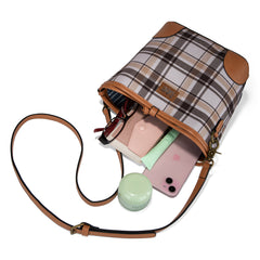 LEE54-001  LEE Plaid Canvas Drawstring Bucket Bag/Crossbody