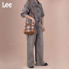 LEE54-001  LEE Plaid Canvas Drawstring Bucket Bag/Crossbody