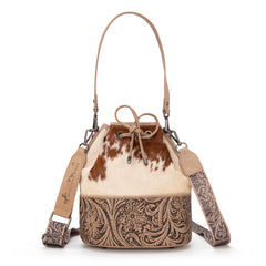 MW1275-8360 Montana West Cowhide Tooled Bucket Shoulder/Crossbody Bag- Tan