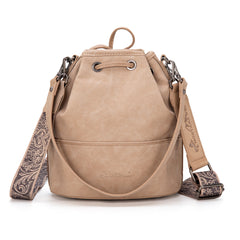 MW1275-8360 Montana West Cowhide Tooled Bucket Shoulder/Crossbody Bag- Tan