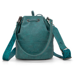 MW1275-8360 Montana West Cowhide Tooled Bucket Shoulder/Crossbody Bag- Turquoise