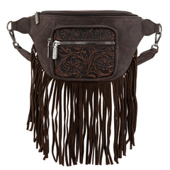 MW1276-194 Montana West Floral Tooled Fringe  Fanny Pack - Coffee