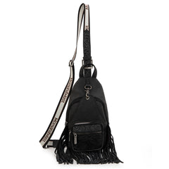 MW1276-S9110   Montana West Tooled Fringe Sling Bag -Black