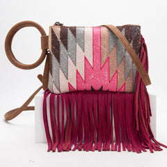 MW1290-181 Montana West Aztec Print Fringe Ring Handle Wristlet Clutch Bag