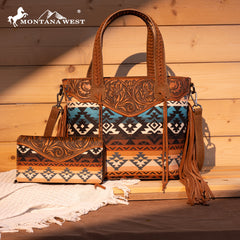 MW1295G-8313W  Montana West Tooled Aztec Tote/Crossbody with Wallet Set - Brown